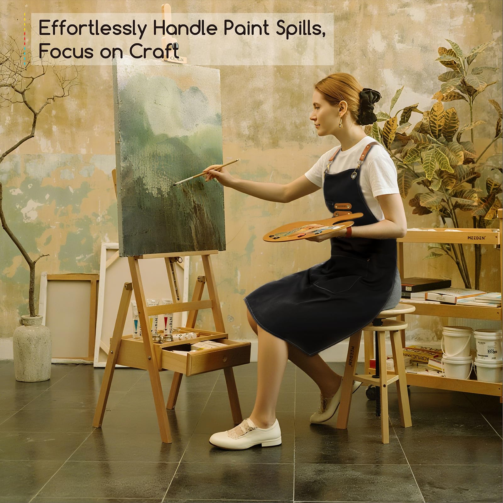 MEEDEN painting apron shown in kitchen use for cooking and grilling