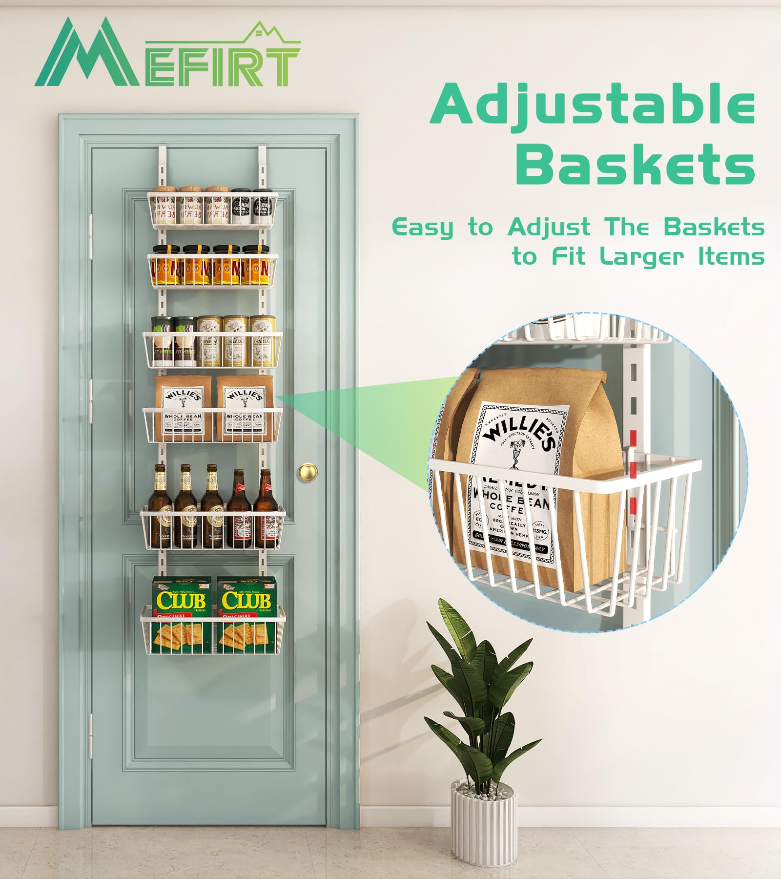 Mefirt 12-inch wide pantry rack emphasizes compact, door-hanging design for tight spaces.