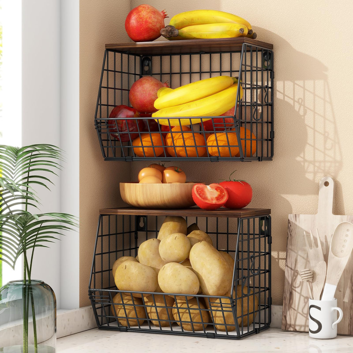 Mefirt 2pcs fruit basket with wood lid for organized fruit on countertop