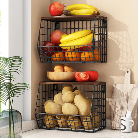 Mefirt 2pcs fruit basket with wood lid for organized fruit on countertop