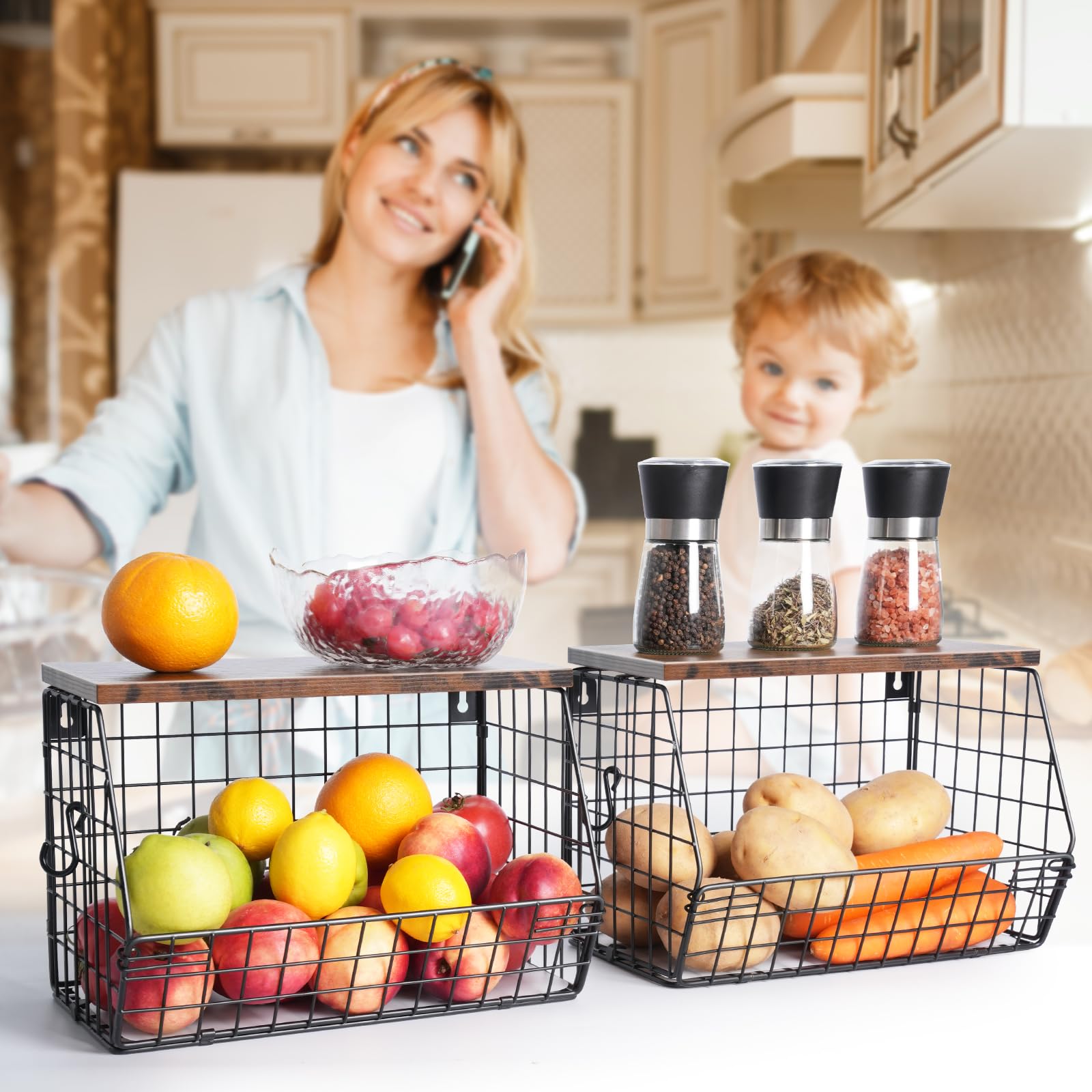 Mefirt countertop basket keeps snacks, jars, and fruit neatly organized.