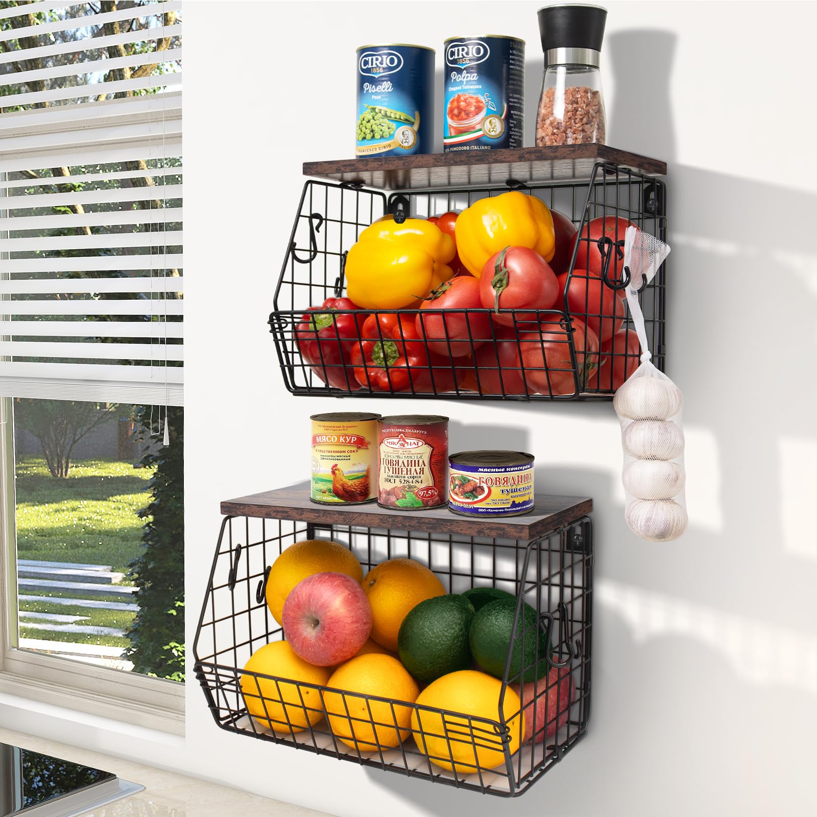 Mefirt stackable fruit bowl with wall mount and wood lid for organized kitchen storage.