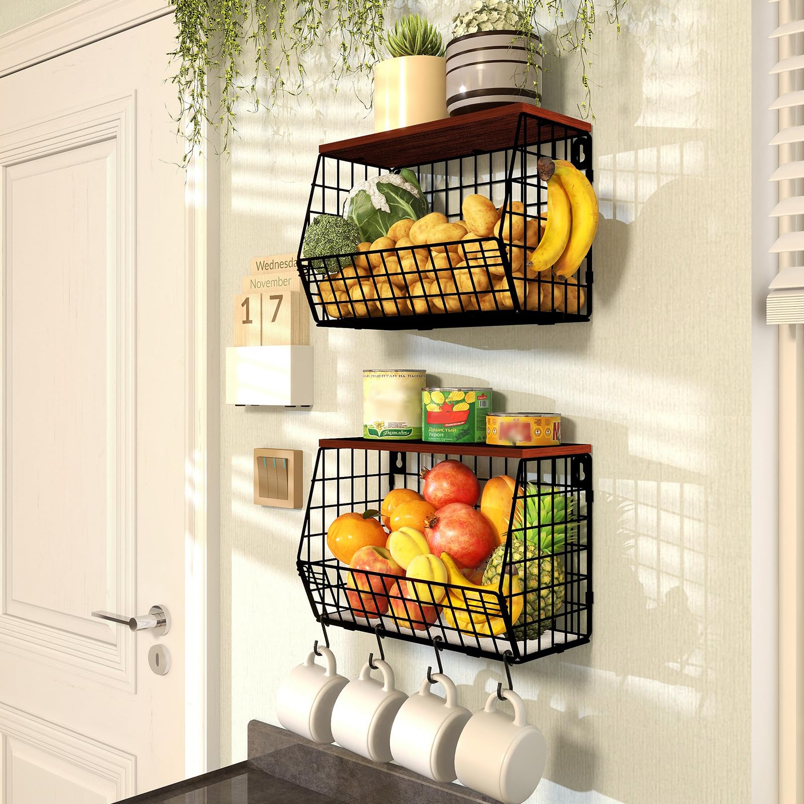 Mefirt space-saving storage basket with wood lid tops for small items