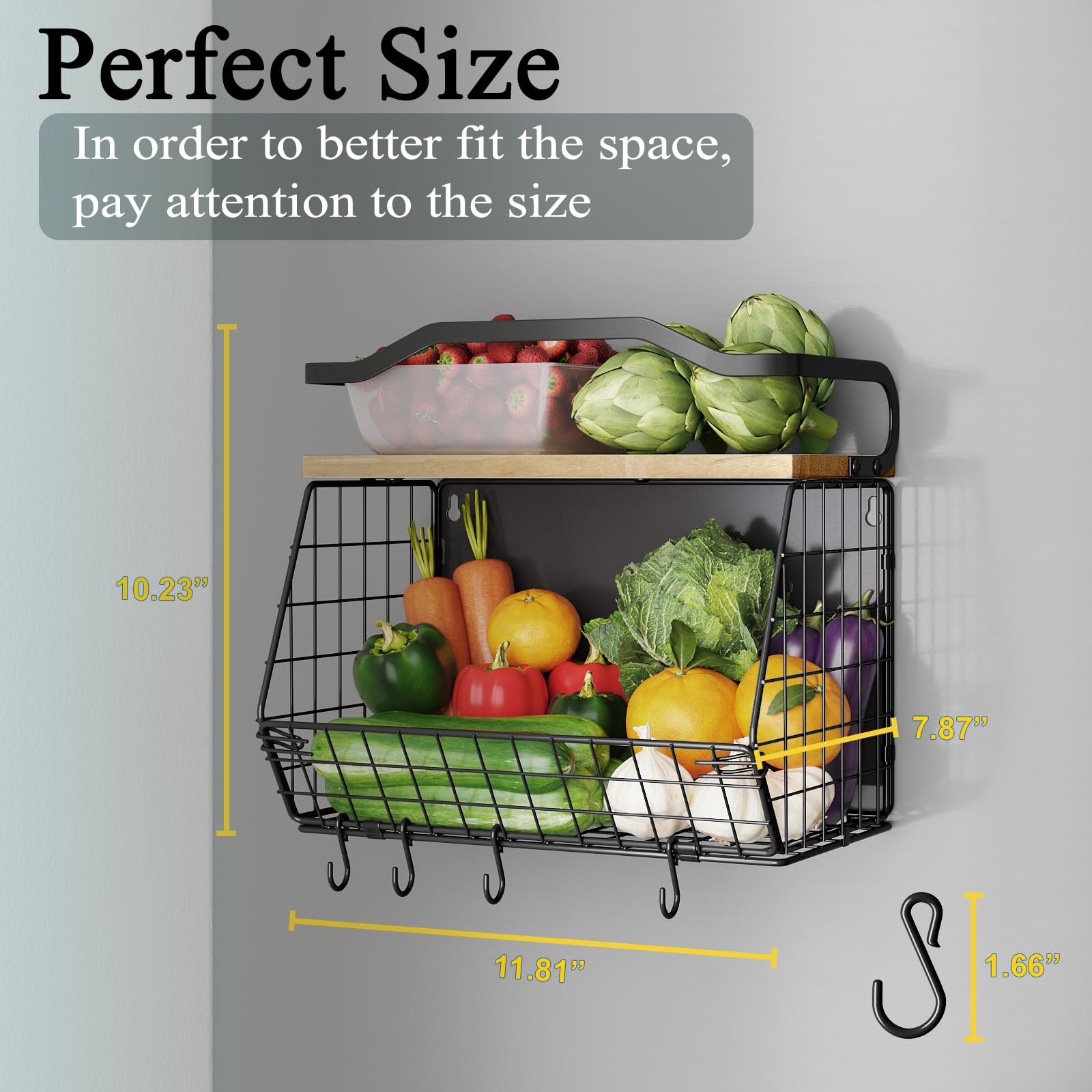 Mefirt space-saving wire basket holds potatoes and onions.