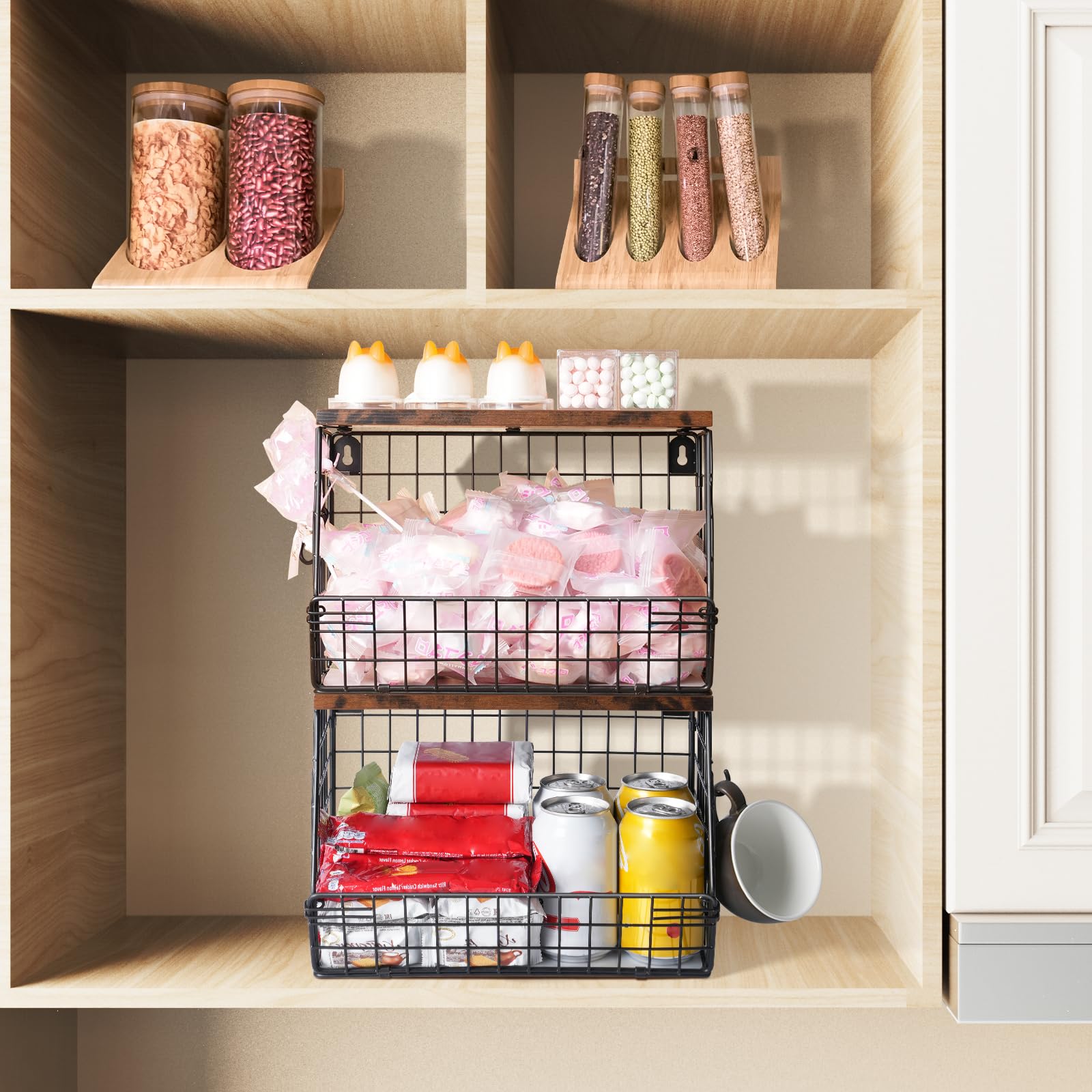 Mefirt stackable basket shown on countertop and wall mounting option