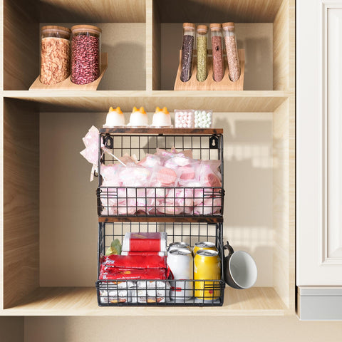 Mefirt stackable basket shown on countertop and wall mounting option