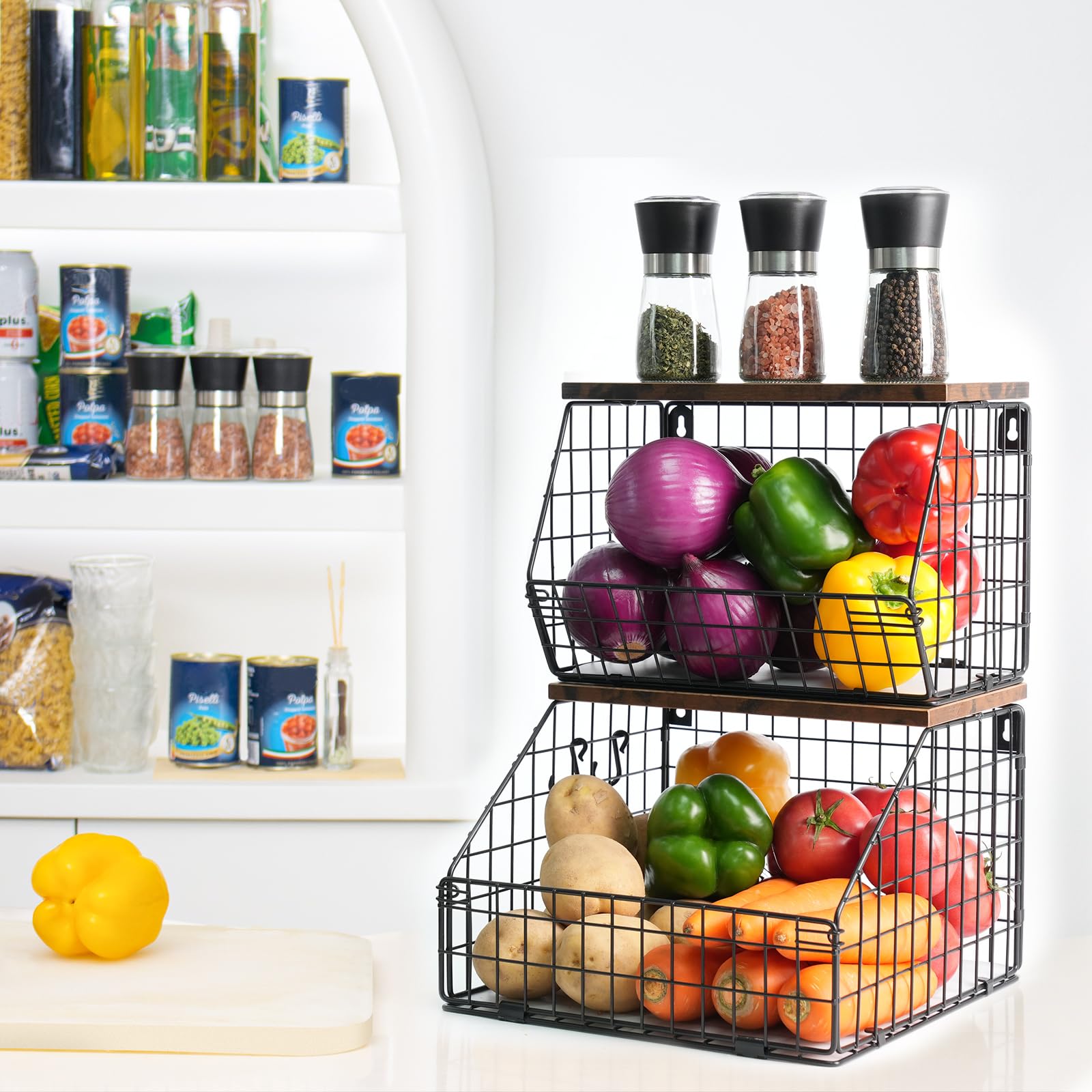 Mefirt wall-mounted basket with hooks for bananas and utensils.