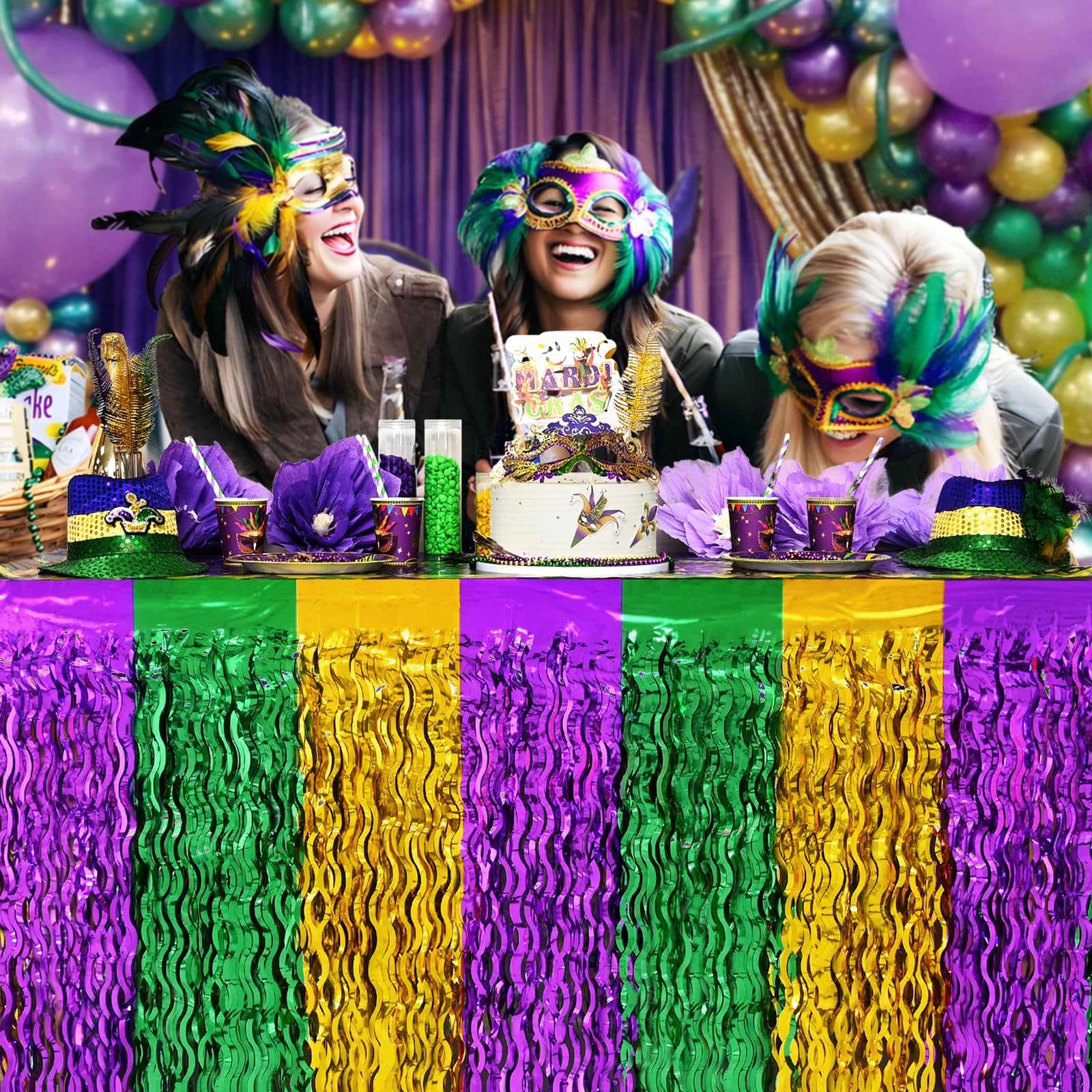Mega-Loopolis purple-green-gold fringe creates festive shimmer for Mardi Gras celebrations.