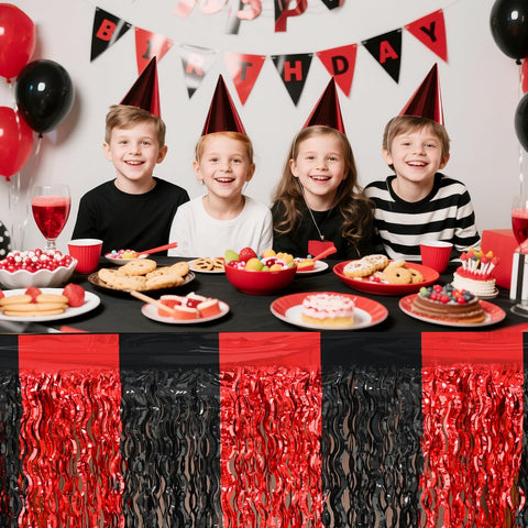 Mega-Loopolis red-black foil fringe table skirt adds sparkle to dessert tables.