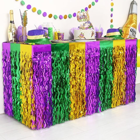 Mega-Loopolis Mardi Gras foil fringe table skirt adds sparkling centerpiece for rectangular or round tables.