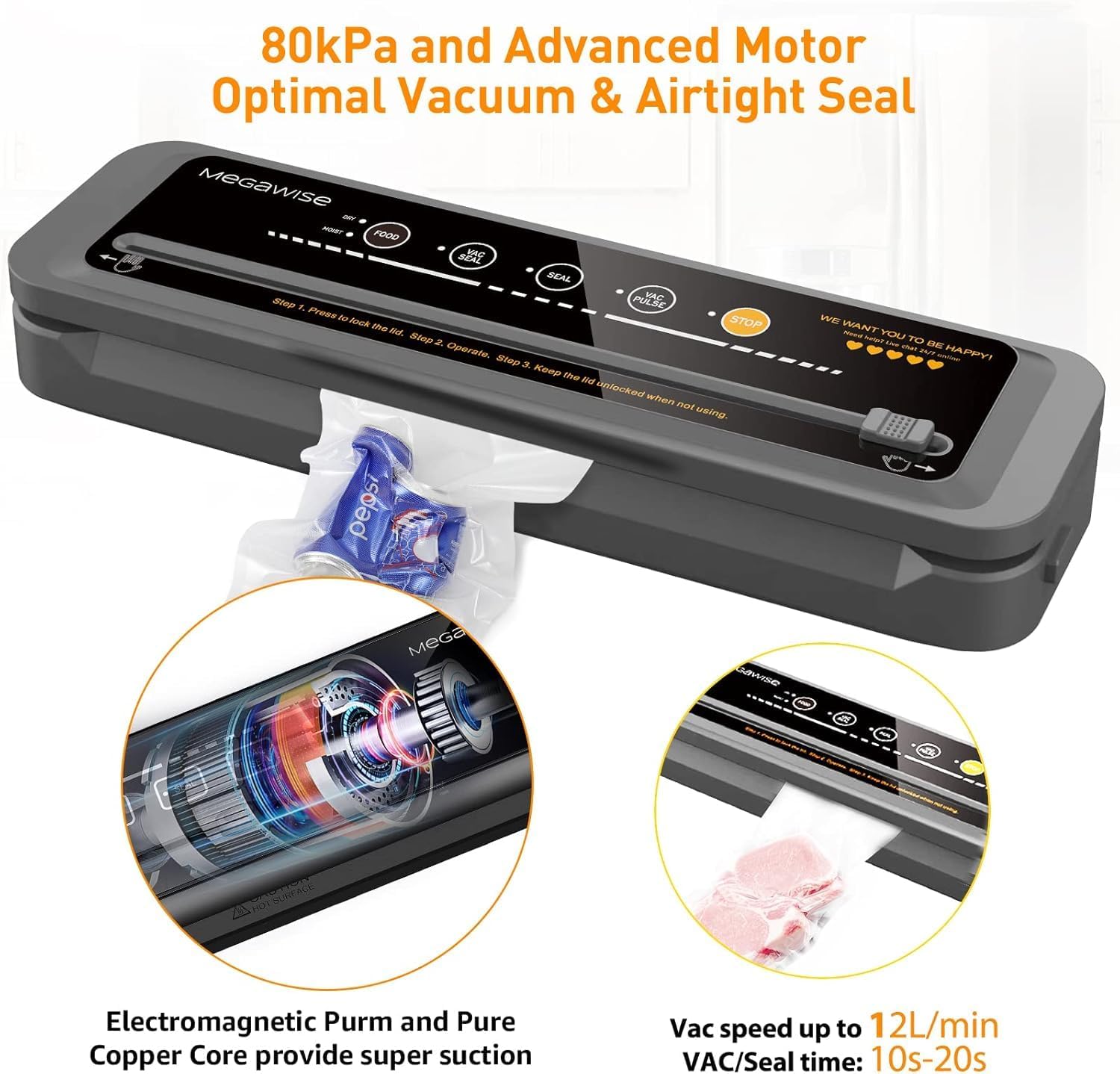 MEGAWISE bag cutter function demonstrates customizable bag sizes for meal prep.