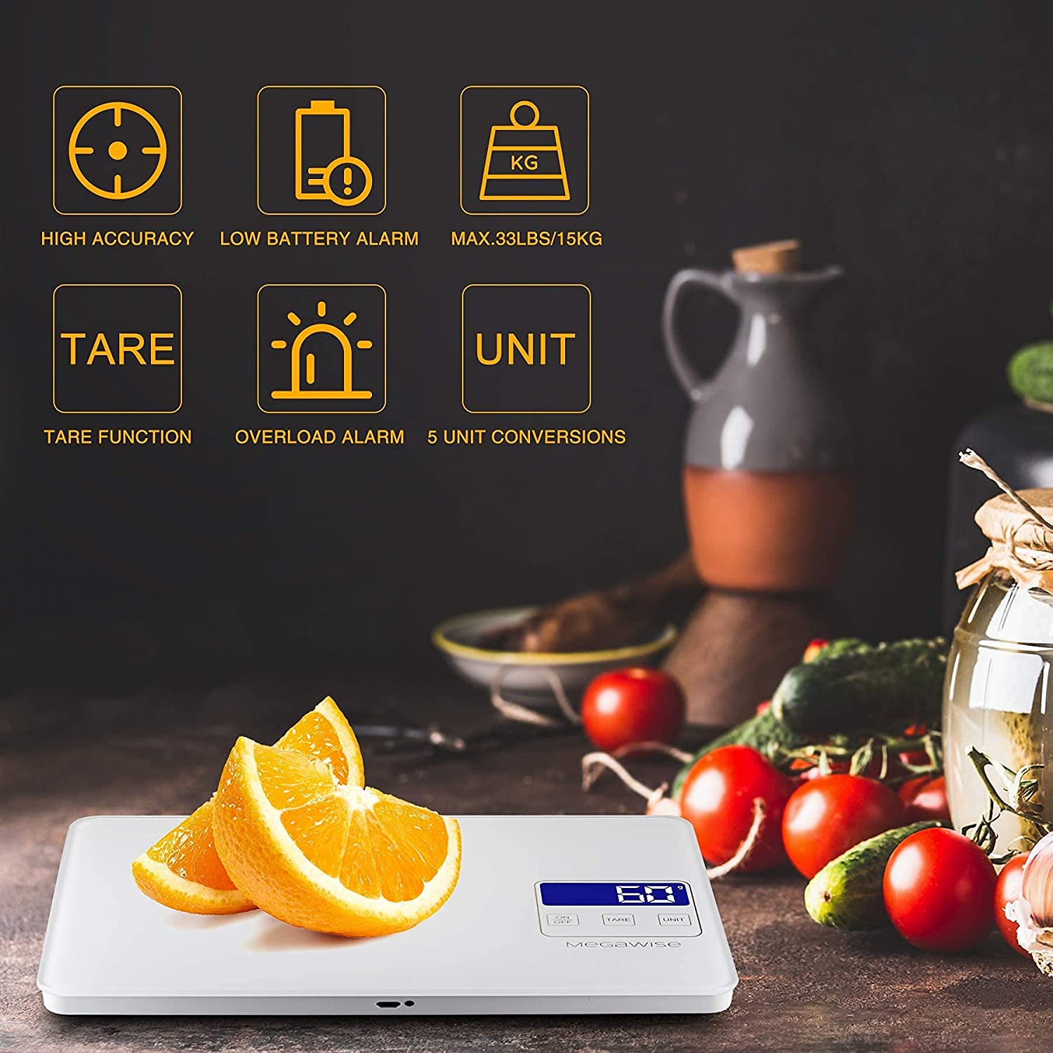 MEGAWISE scale tare function shown for accurate ingredient measurement.