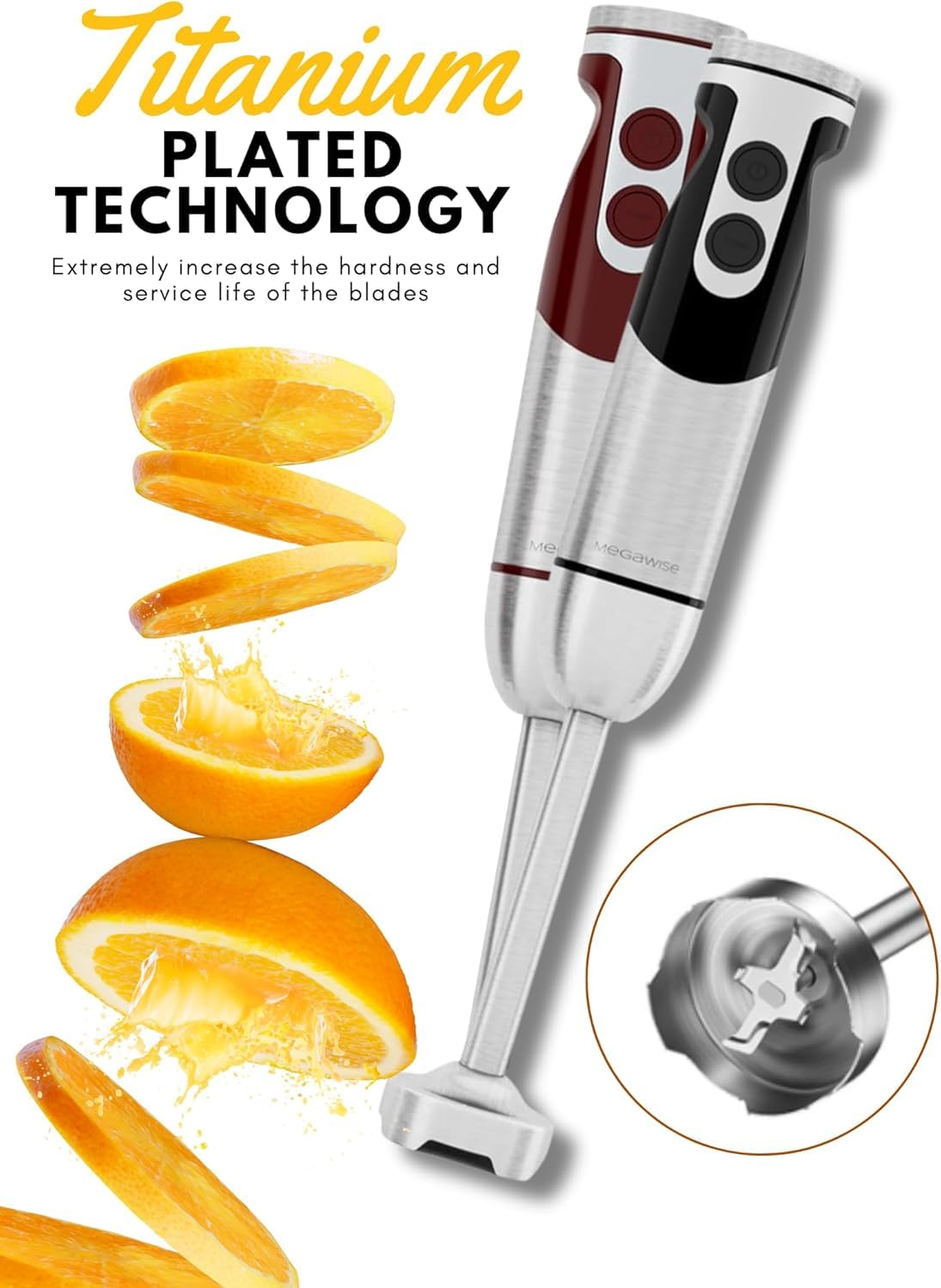 MEGAWISE Pro Titanium 5-in-1 immersion blender includes milk frother for creamy drinks.
