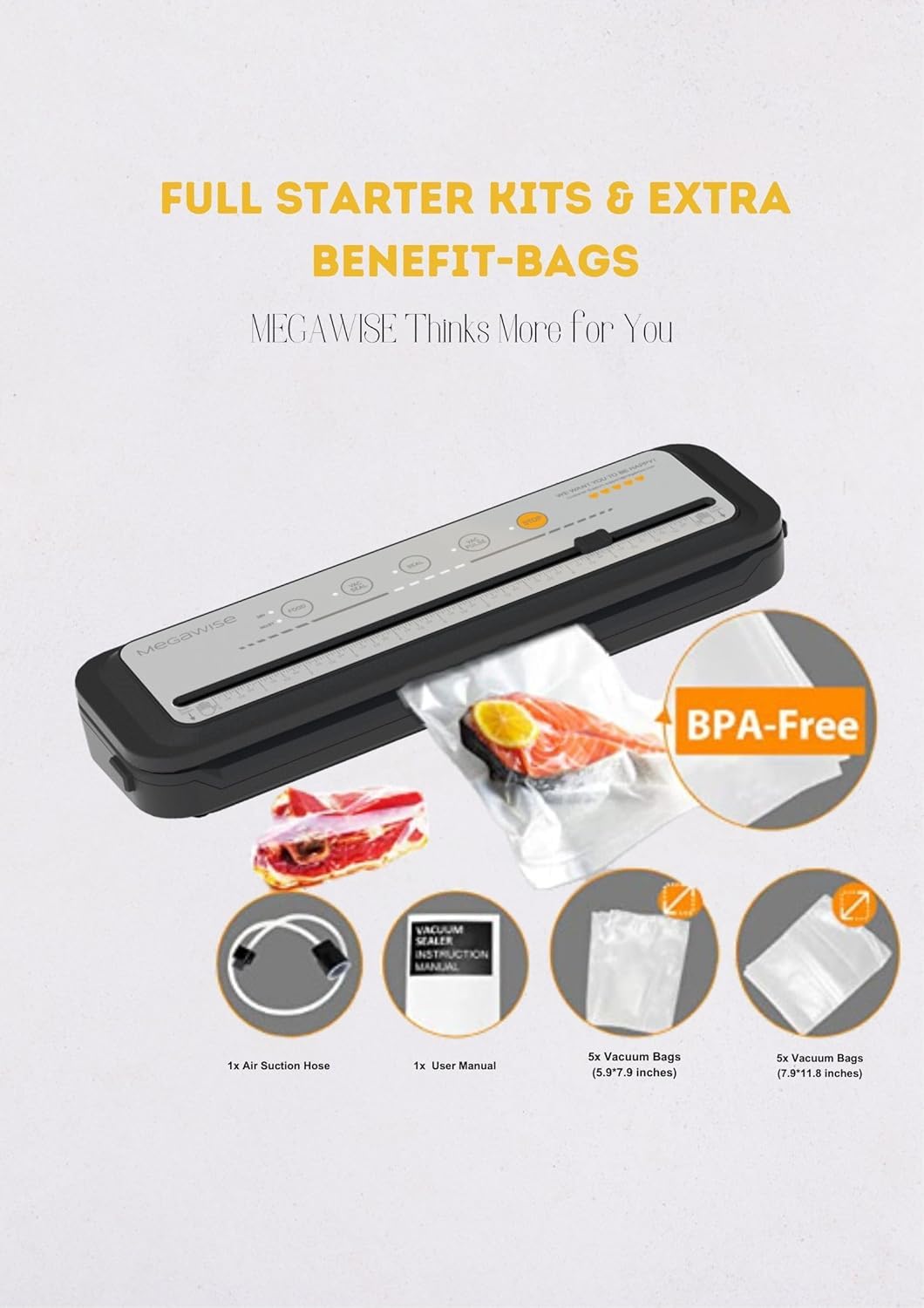 MEGAWISE vacuum sealer 80kpa suction power for tight air removal.