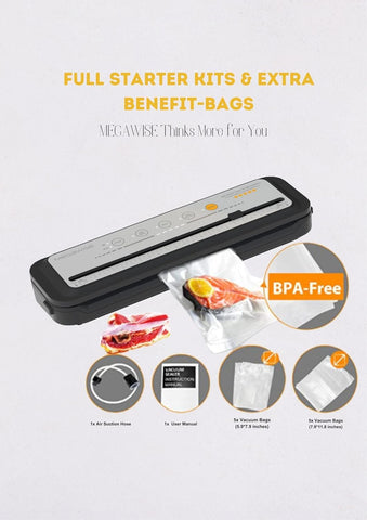 MEGAWISE vacuum sealer 80kpa suction power for tight air removal.