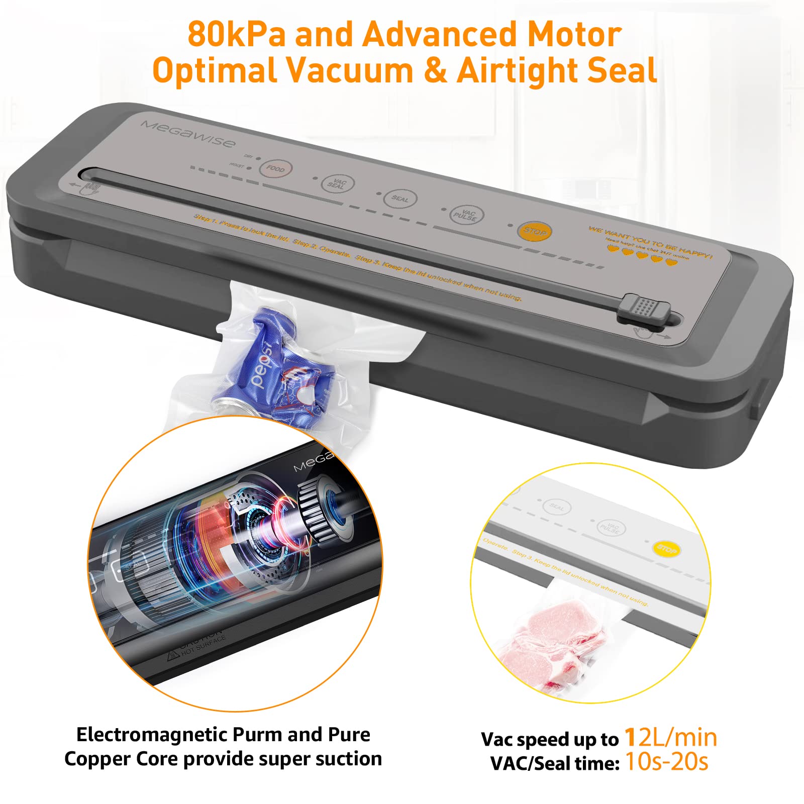 MEGAWISE vacuum sealer in one-touch operation for quick sealing