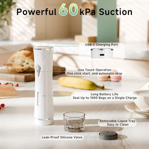 Mehomeli battery-charging view—rechargeable convenience for travel and outdoor meals.