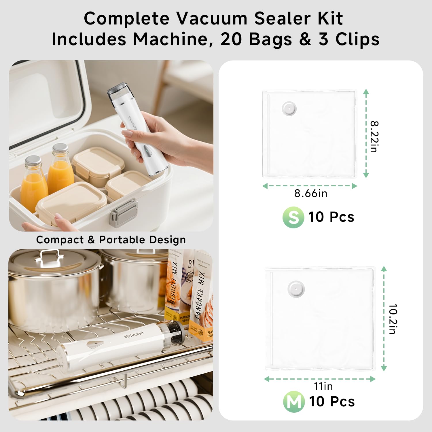 Mehomeli kit contents—10 small and 10 medium BPA-free bags included.