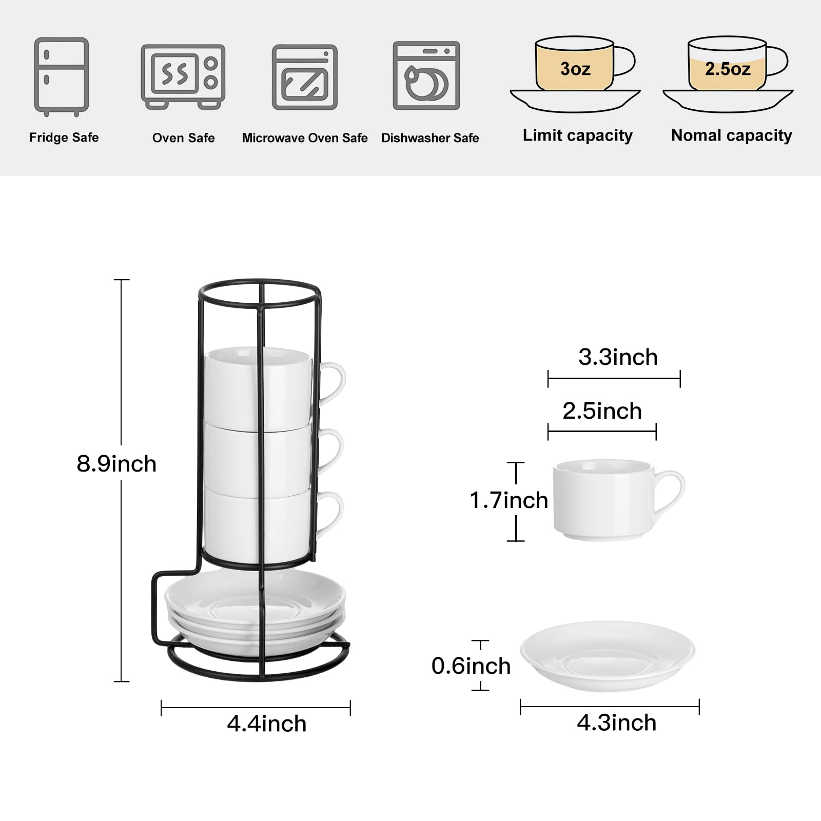 Meichu porcelain espresso cups, white, 2.5oz, ideal for single shots.