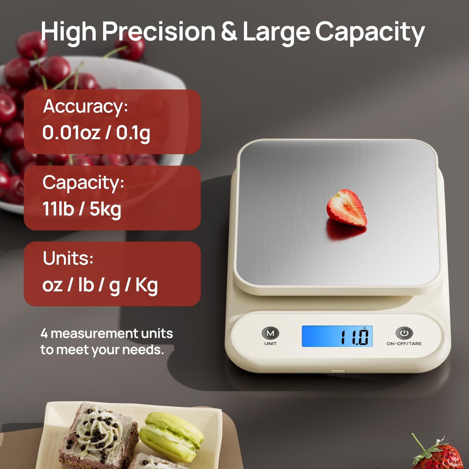 Meilen digital food scale built-in rechargeable battery for cordless use.