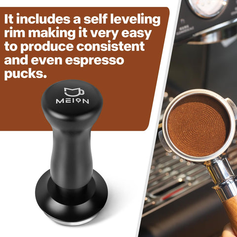 Meion tamper with self-leveling rim for consistent puck depth