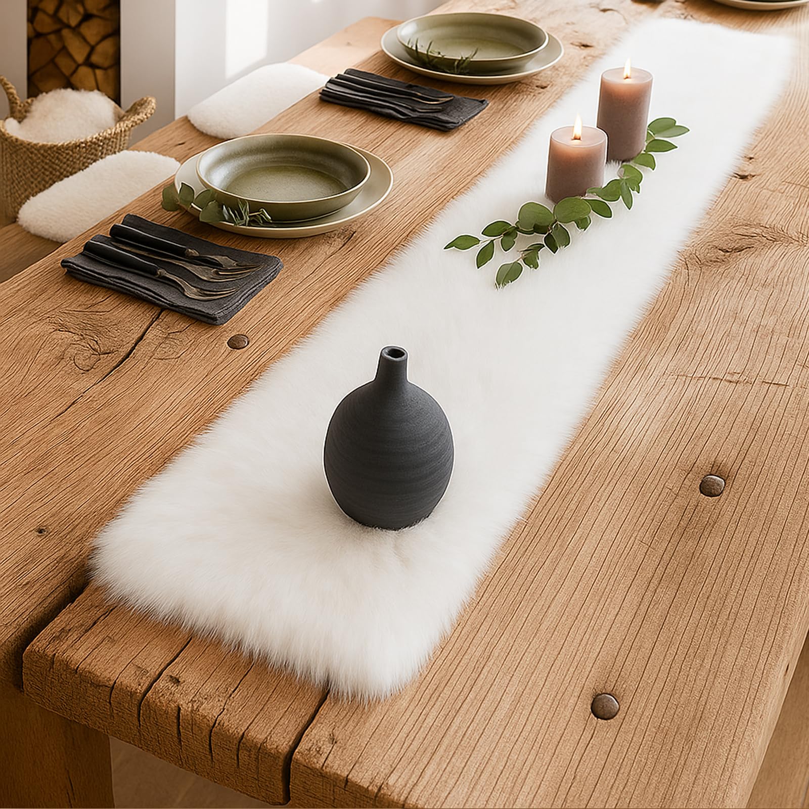 MeiSan decorative fur runner shown on dresser offers versatile decor.
