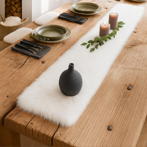 MeiSan decorative fur runner shown on dresser offers versatile decor.