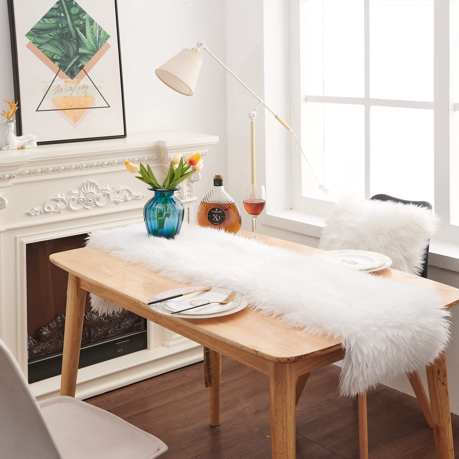 MeiSan modern white fur runner suits farmhouse dining with warm, stylish touch.