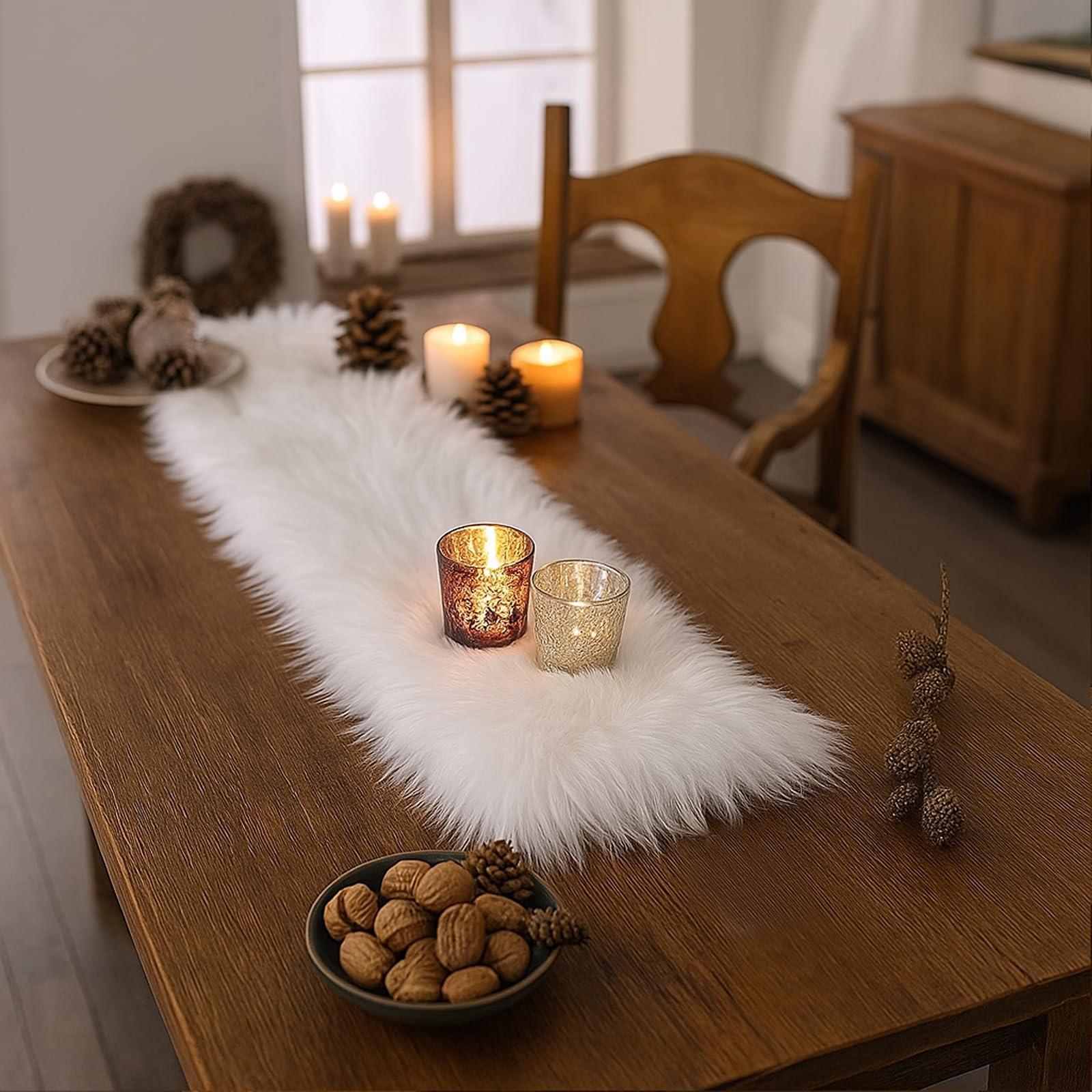 MeiSan white faux fur runner brings seasonal elegance to Friendsgiving tables.