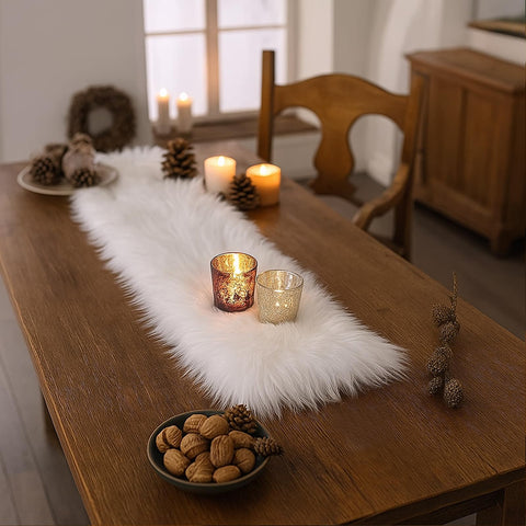 MeiSan white faux fur runner brings seasonal elegance to Friendsgiving tables.