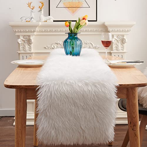MeiSan white fur runner styled with coordinating decor for easy setup.