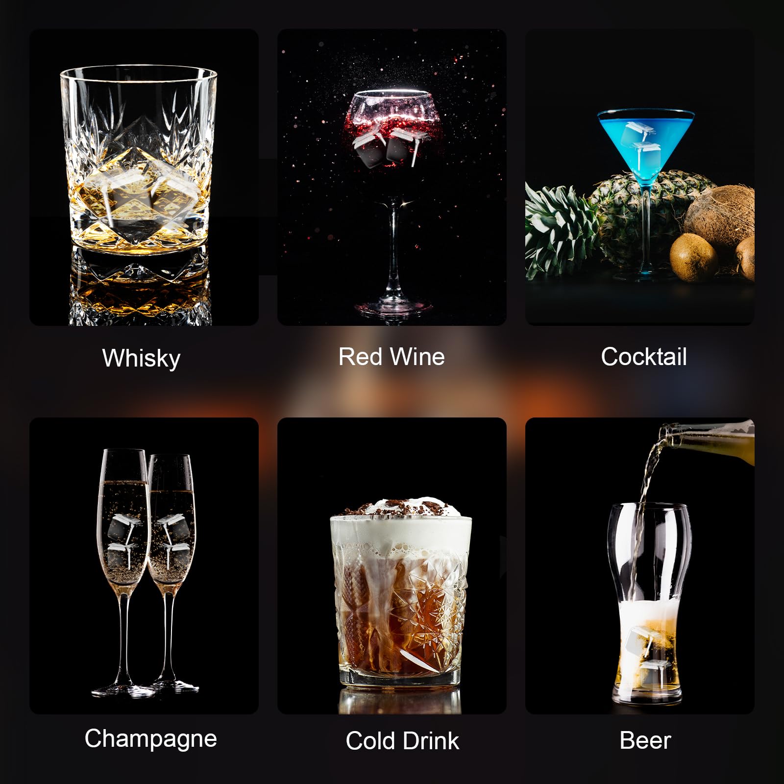 Meixingtom glass with cubes and beverage shows chill without water.