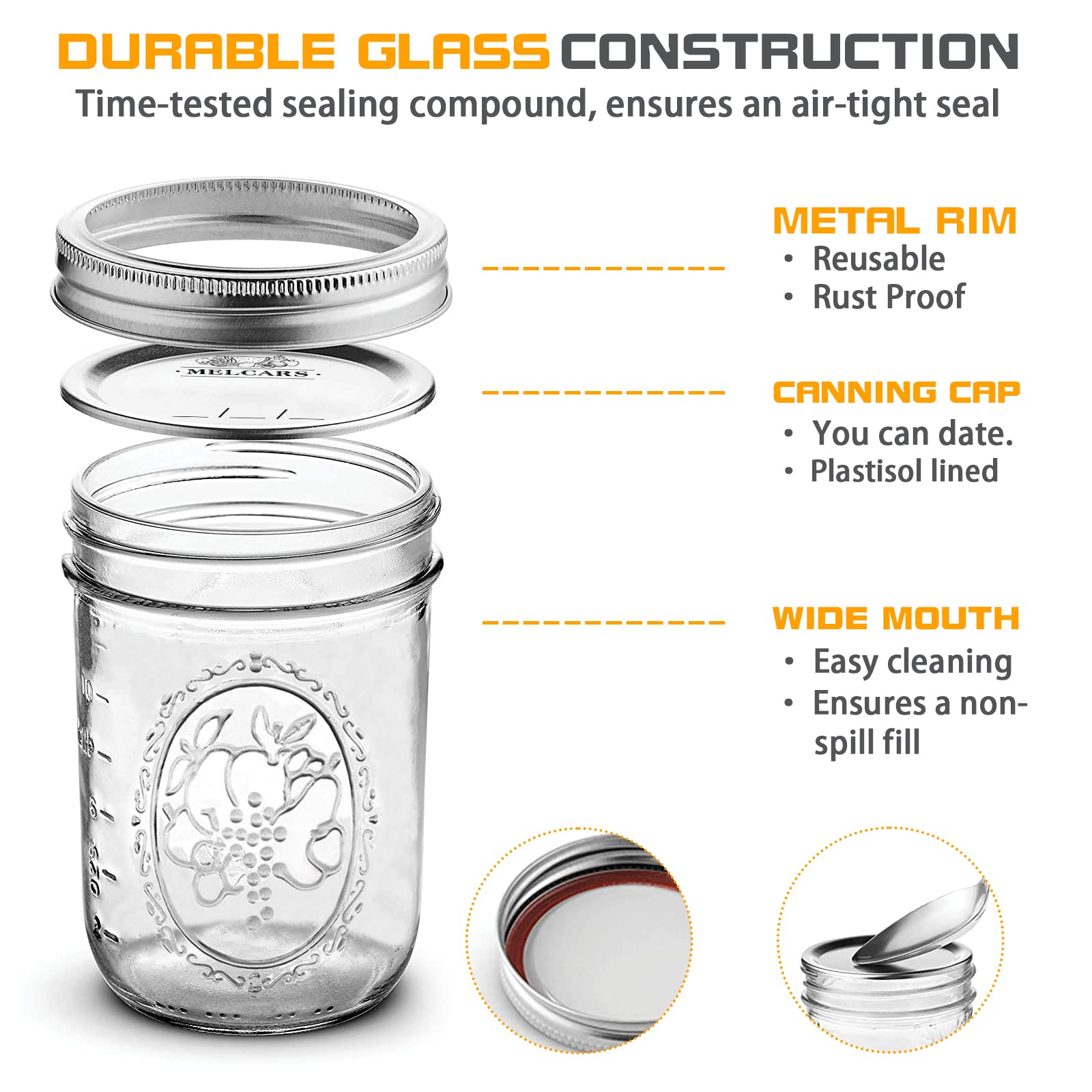Embossed measurement marks on Melcars jar for precise filling