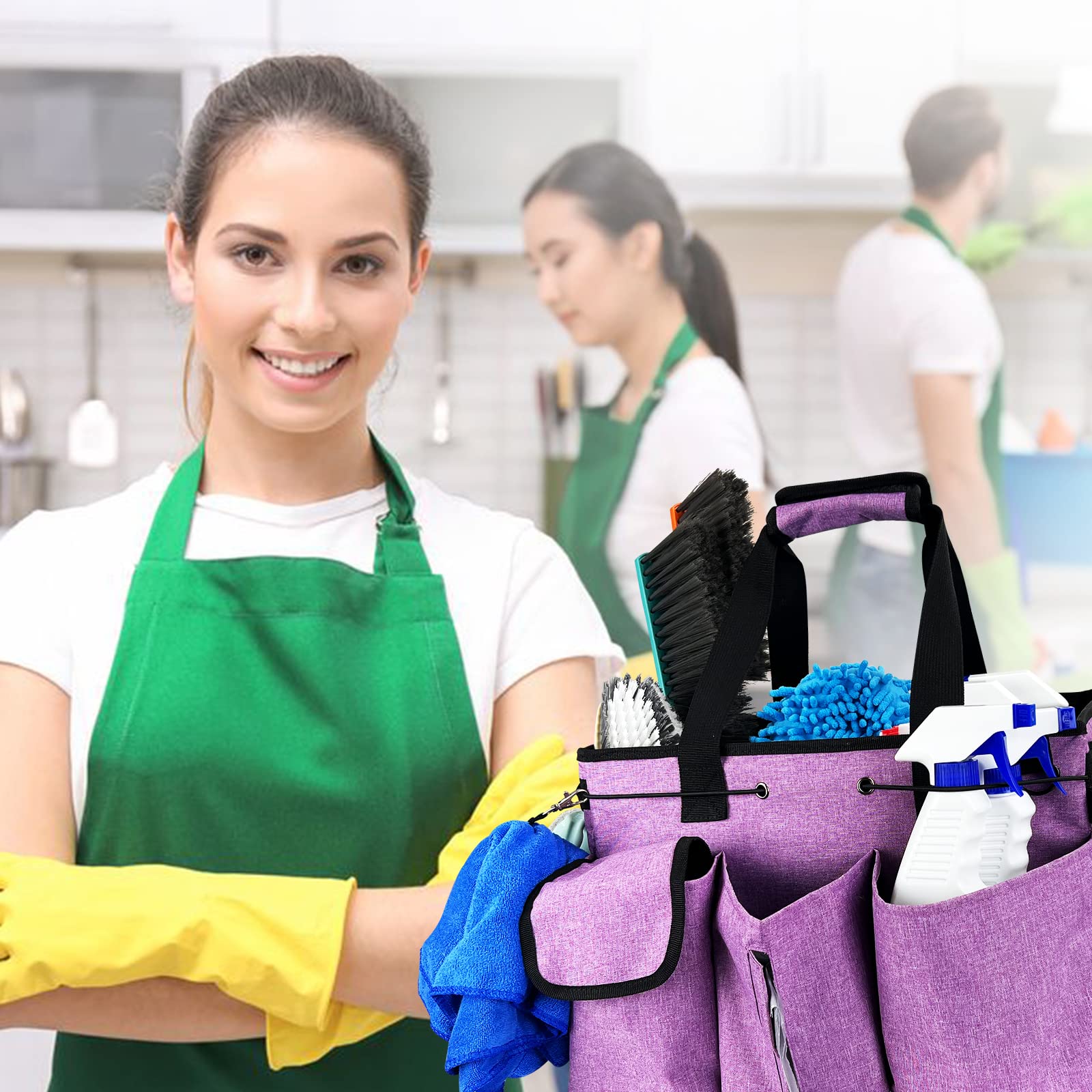 MELINON wearable organizer in use for cleaning tasks at home or work.
