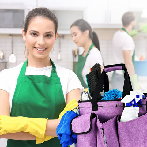 MELINON wearable organizer in use for cleaning tasks at home or work.