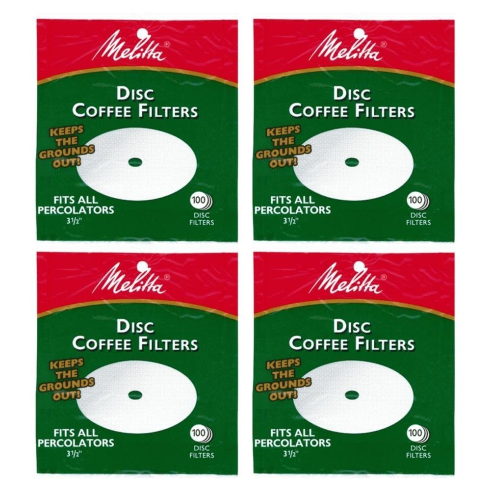 Melitta 3.5-inch white disc coffee filter ready for percolator brewing, reduces oils and sediment