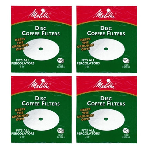 Melitta 3.5-inch white disc coffee filter ready for percolator brewing, reduces oils and sediment
