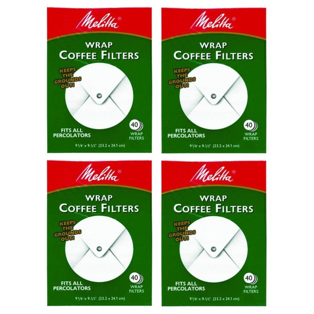 Melitta 627402 wrap-around coffee filter packaging showing percolator compatibility and easy cleanup.