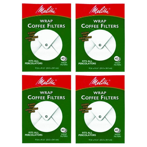 Melitta 627402 wrap-around coffee filter packaging showing percolator compatibility and easy cleanup.