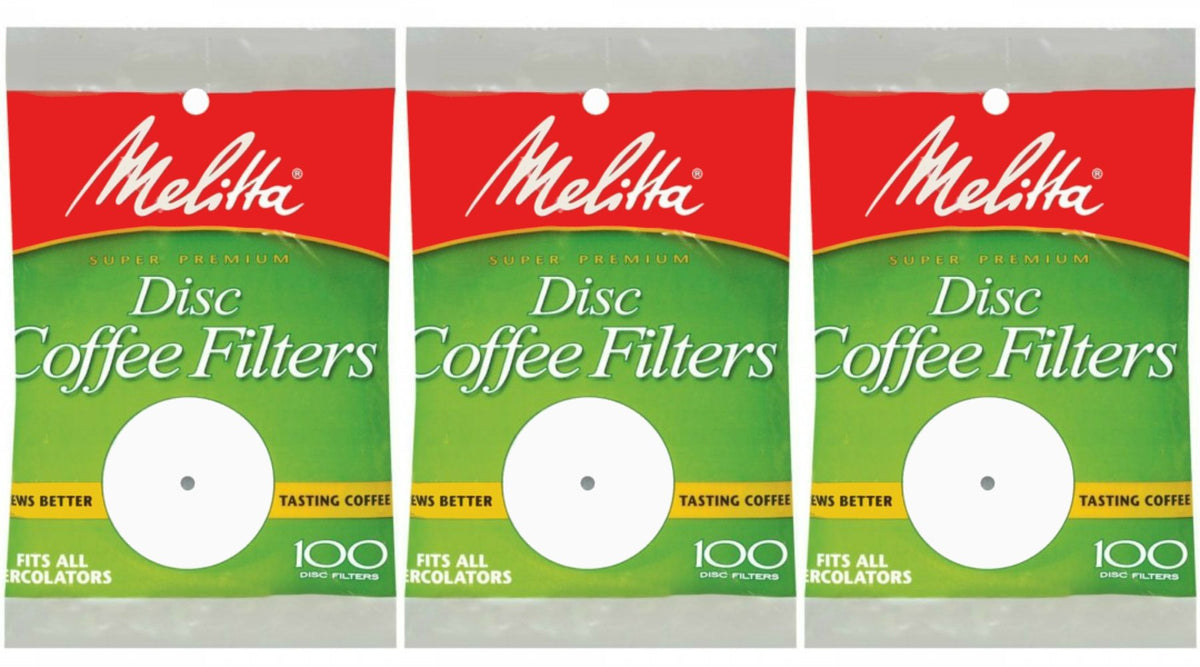 Melitta 100-pack disc filters fit 3.5-inch baskets for leak-free percolator brewing.