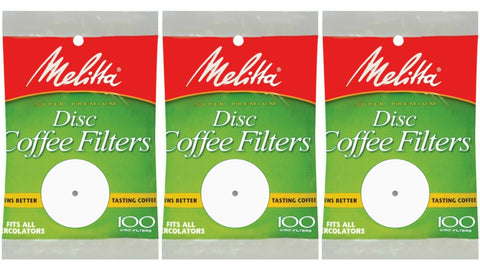 Melitta 100-pack disc filters fit 3.5-inch baskets for leak-free percolator brewing.