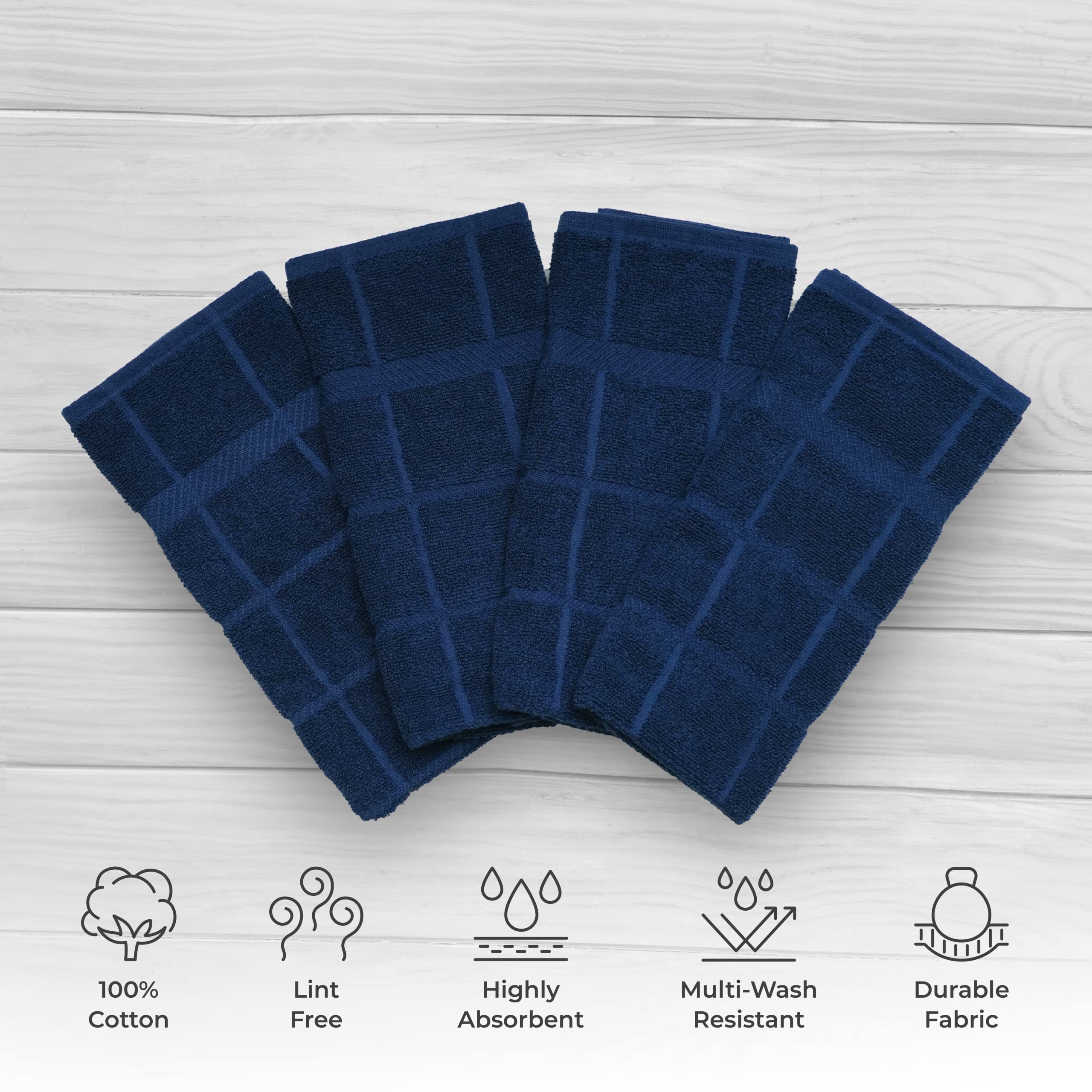 Mellow Buff dish towel folded closeup in navy, durable and lint-free for everyday cleaning