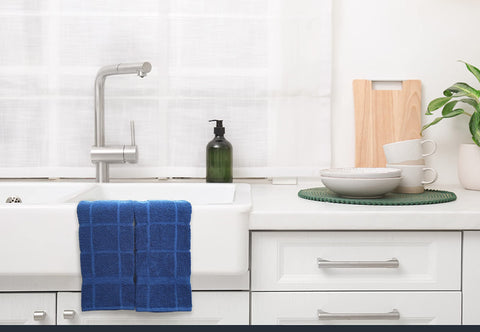 Mellow Buff towel in kitchen decor, coordinating with various styles
