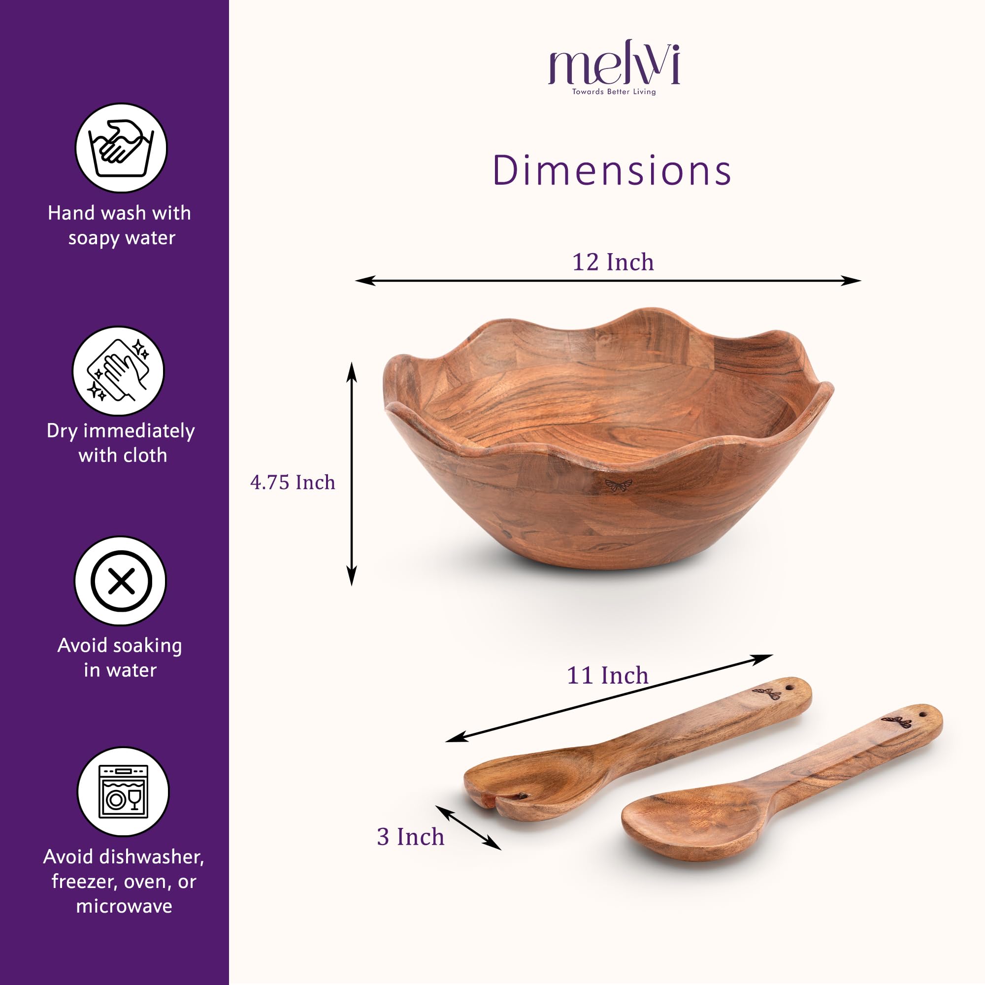 Melvvi acacia wood bowl closeup highlights durable, long-lasting material
