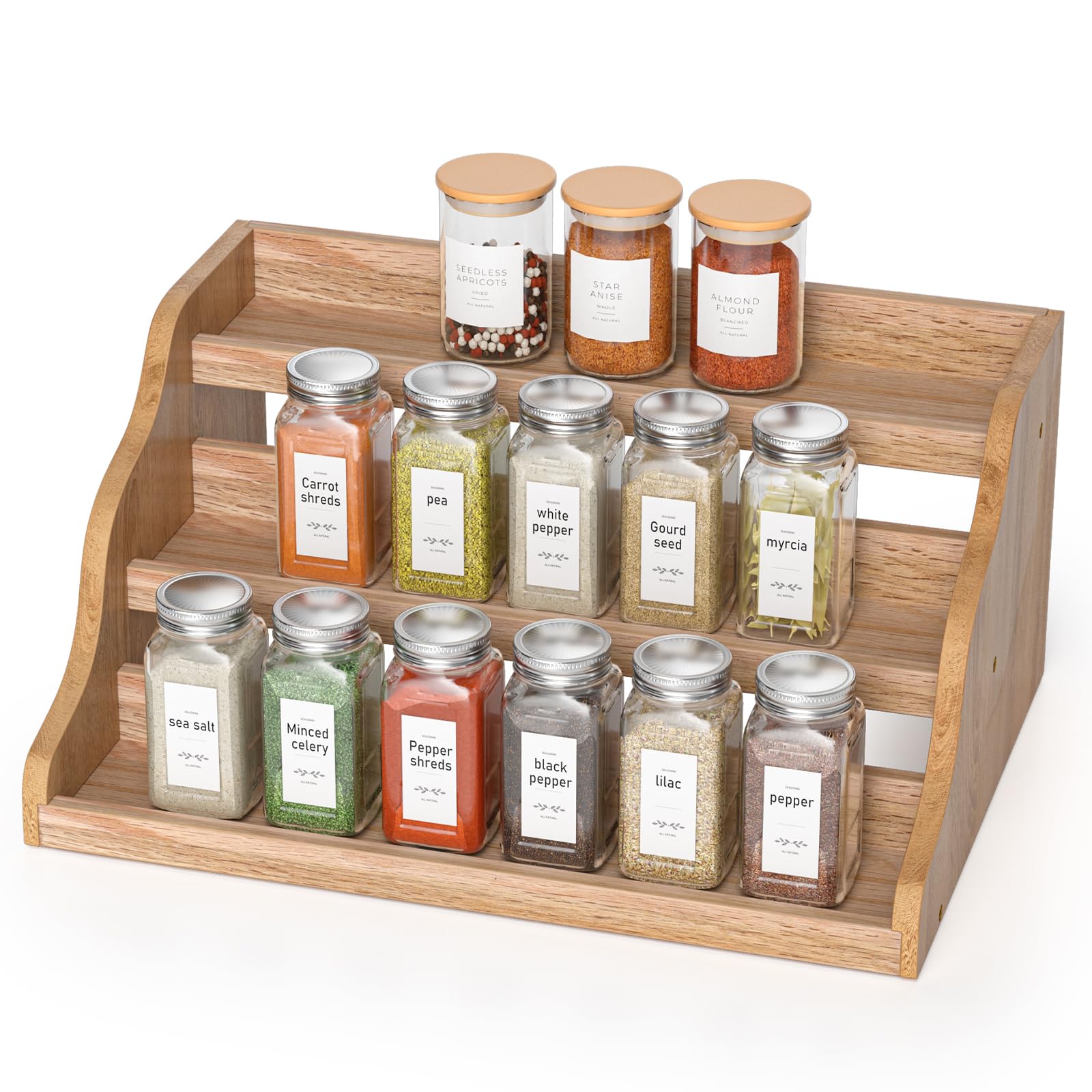 Memanque tiered spice rack on countertop keeps jars organized and within easy reach.