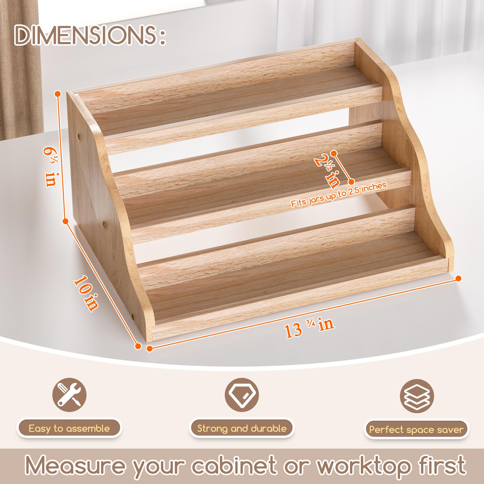 Memanque wooden spice shelf on countertop adds natural warmth and visible spices.