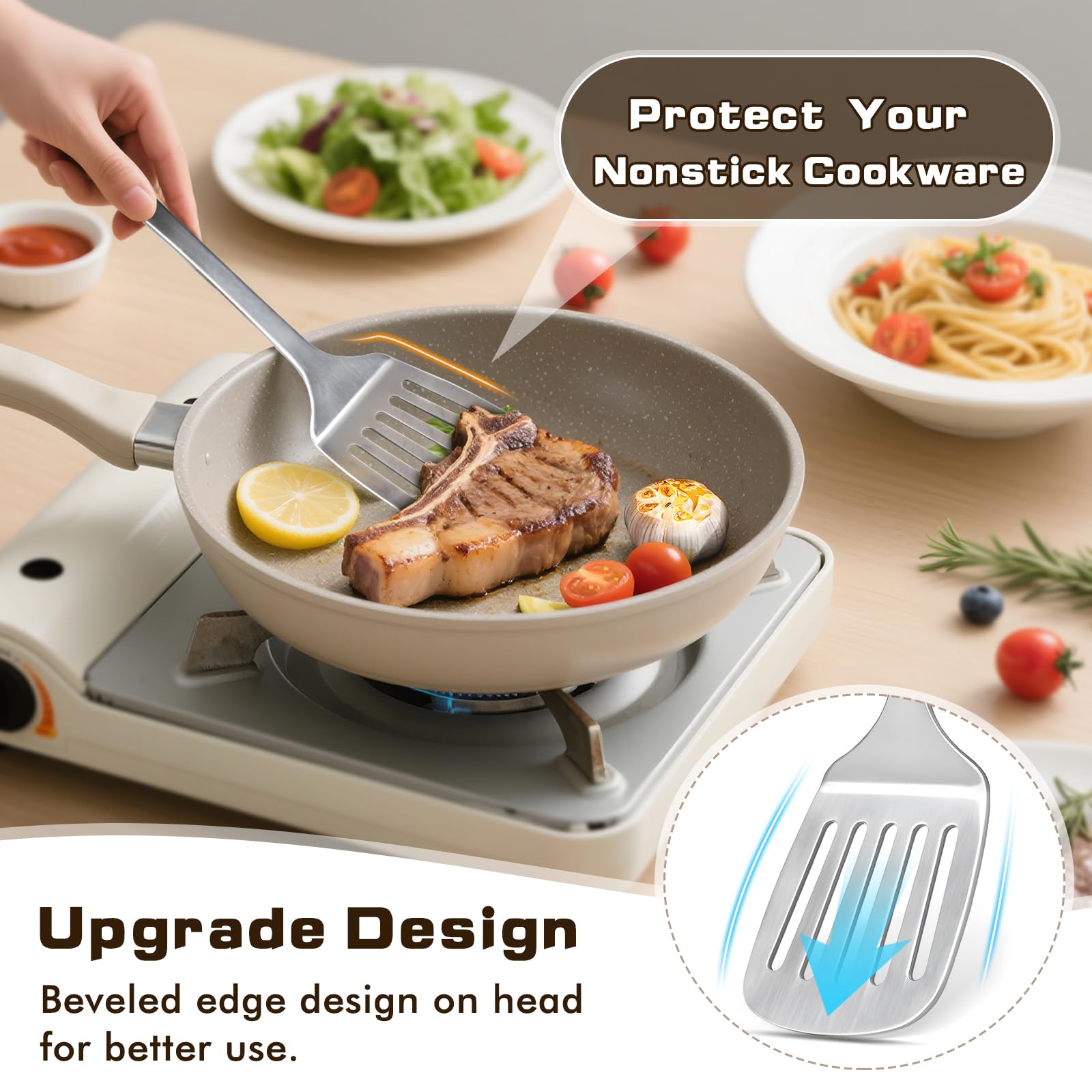 MemoGem stainless steel slotted turner with smooth edges for cookware protection