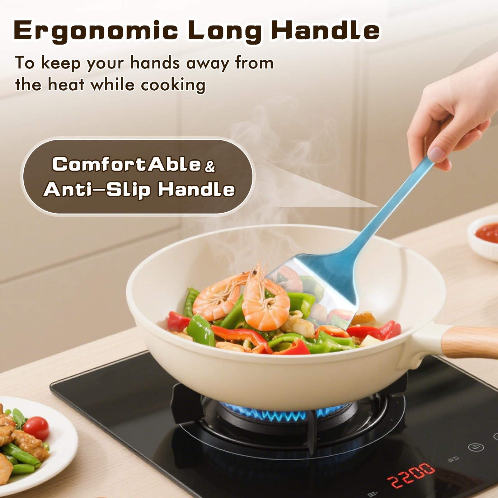 MemoGem stainless steel wok spatula for high heat flipping