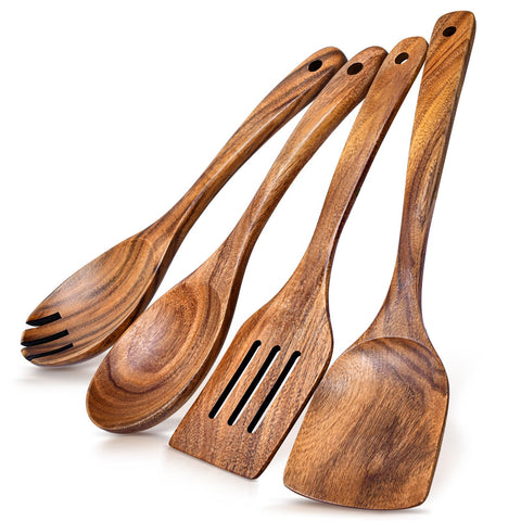 MemoGem 4pc wooden spoon set with long handles for safe cooking on nonstick pans