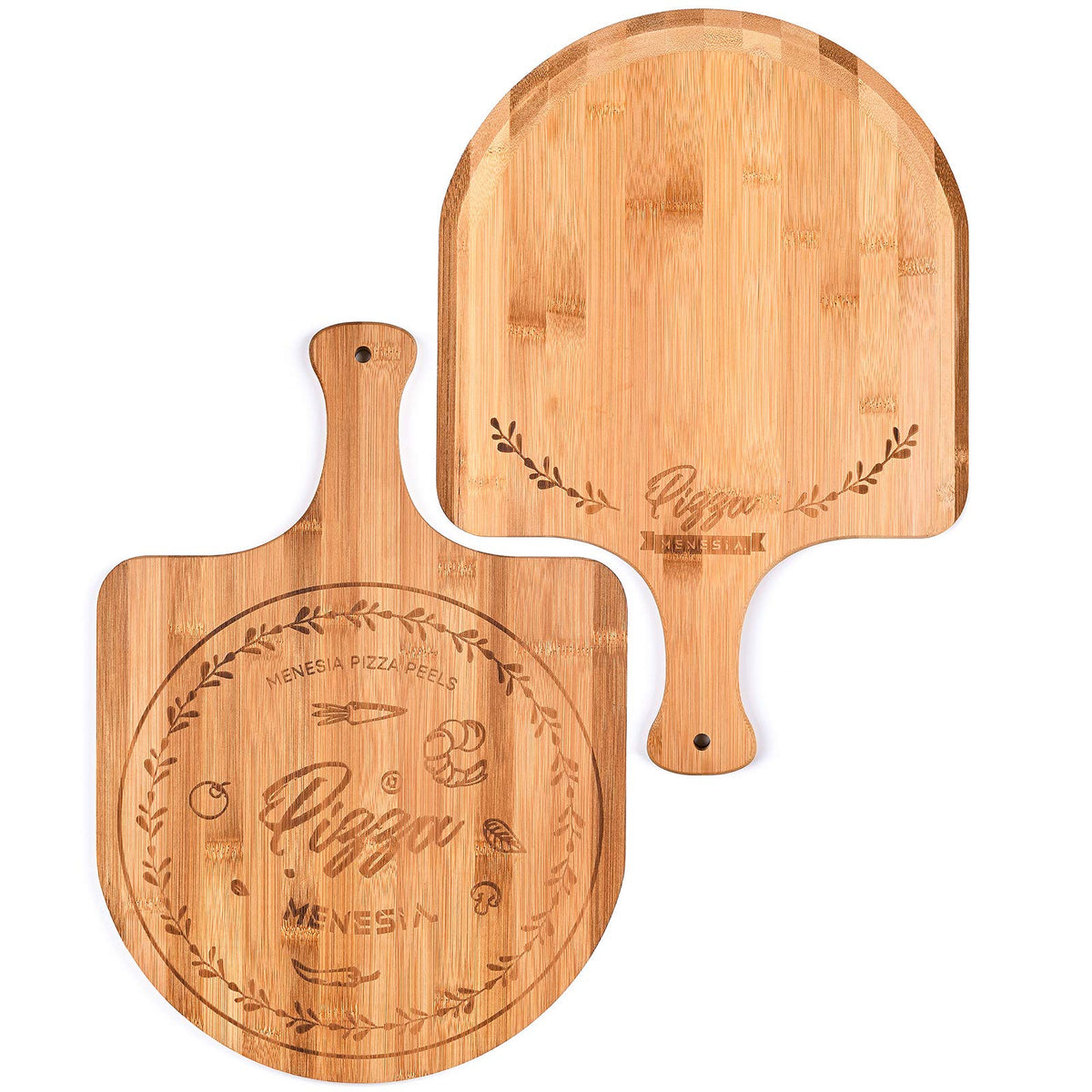 Menesia bamboo pizza peel with handle for easy oven-to-table transfers.